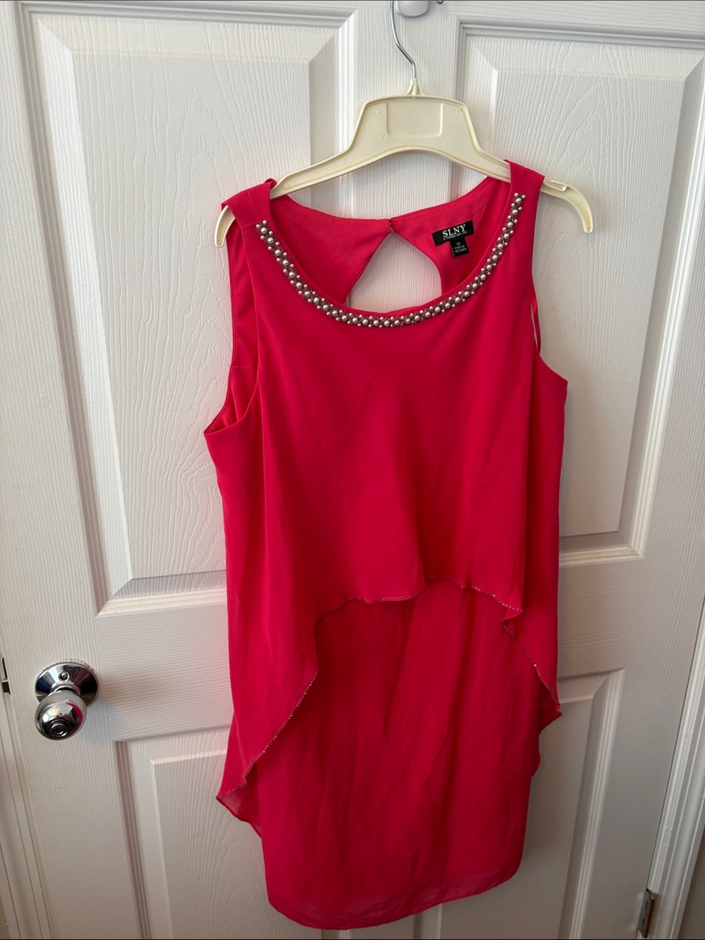 SLNY Hot Pink Beaded Neckline Layered Dress